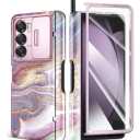 GVIEWIN for Samsung Galaxy Z Fold 6 Case with S Pen Holder, [Slide Camera Cover & Screen Protector], Rugged Hinge Protection Shockproof Protective Marble Phone Case for Z Fold 6 (Flowing Sakura/ Pink)
