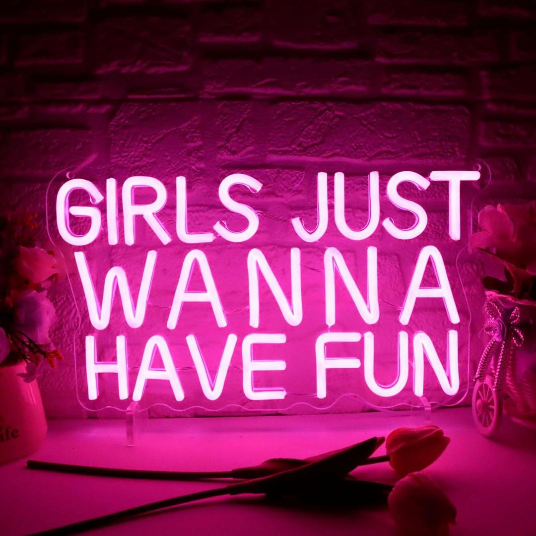 Girls Just Wanna Have Fun Neon Sign for Wall Decor, Retro Style Pink LED Neon Signs, Wedding Party Girl Neon Light Sign,USB Powered for Teen Bedroom Aesthetic Wedding Party Christmas Birthday