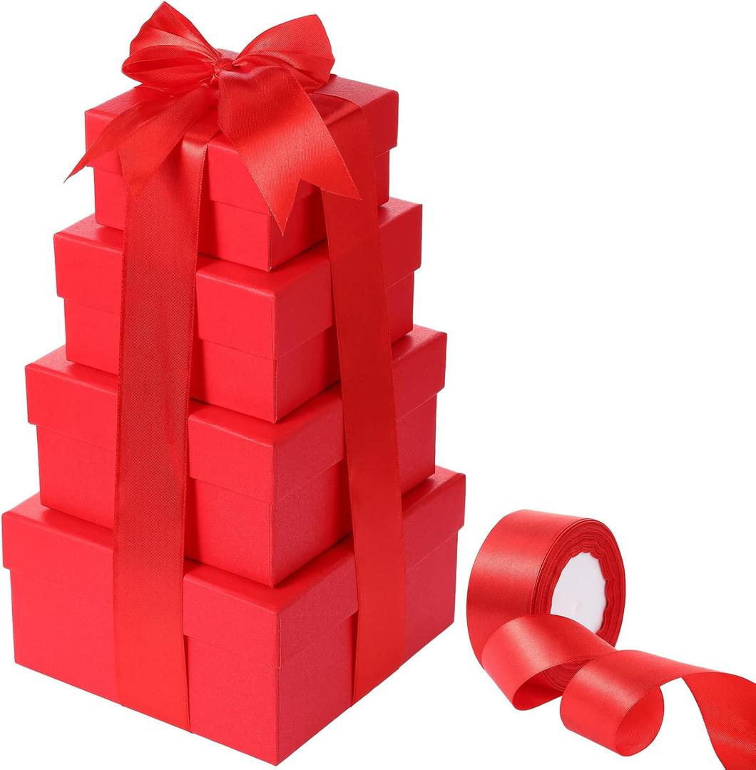 Clabby 4 Pcs Nesting Gift Boxes with Lids, Square Stacking, Assorted Sizes Decorative Boxes with Ribbon for Presents for Birthdays Christmas Mother's Day DIY(Simple,Red)