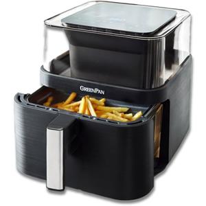 GreenPan Clearview Extra Large 7QT Air Fryer, 360° Clear Window, PFAS-Free Ceramic Nonstick Drawer and Tray, Heat to 400°F, 13-Presets, Shake Reminder, Keep Warm, Delay Start, Dishwasher Safe Parts (Black)