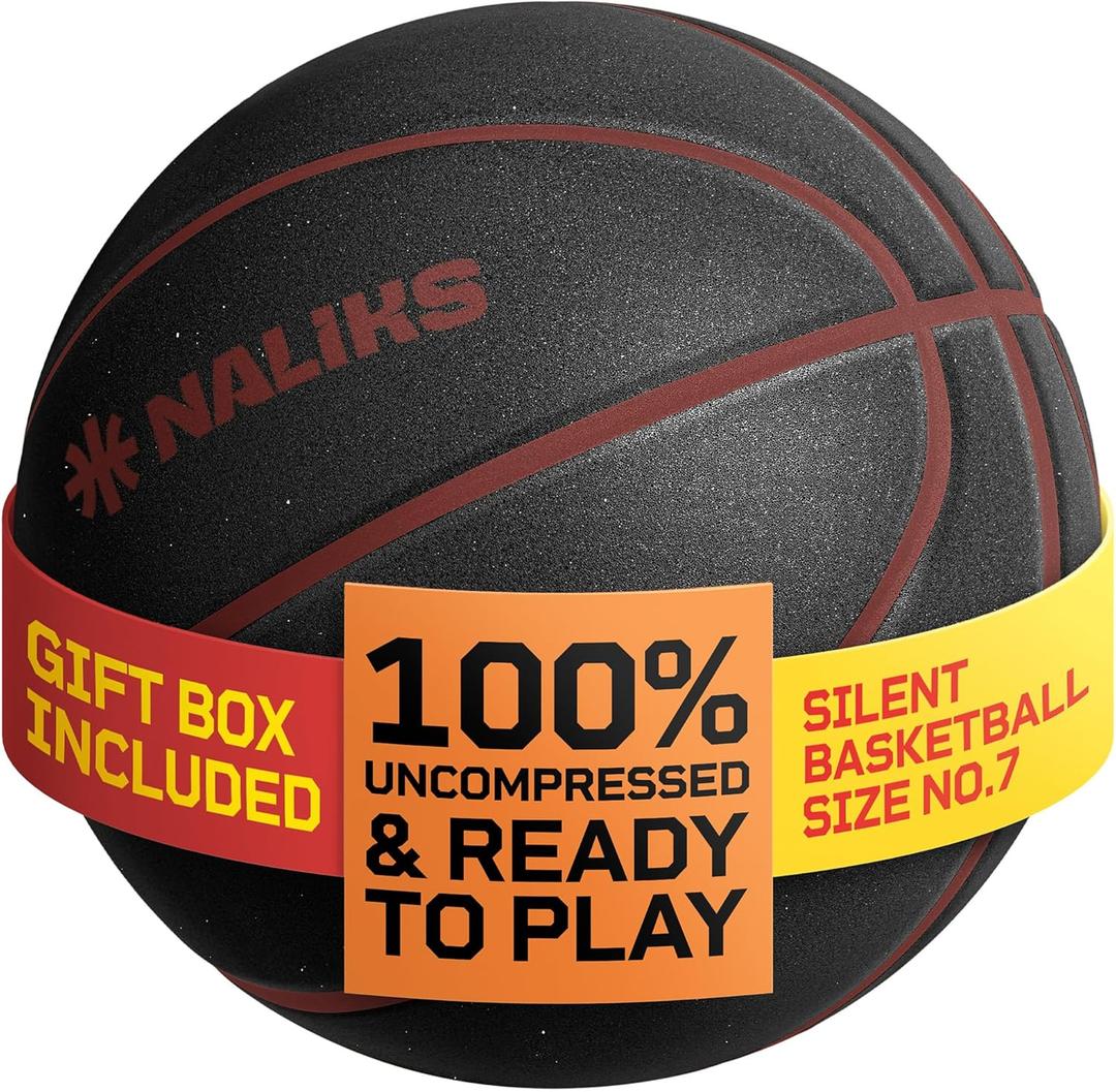 Silent Basketball Size 7, 29.5  Airless Indoor Basketball | Gift Box Included, Pro PU Foam Basket Ball, for Quiet Dribbling Indoor, Real Grooves, 90% Bounciness, 12.7 Oz (Black)