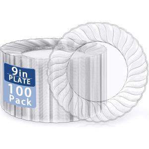 U-QE 100 Pieces Clear Plastic Plates - 9 Inch Clear Disposable Plates - Washable & Reusable - Premium Hard Plates - Party Supplies for Birthdays, Celebrations, Travel, Wedding, Party and Events