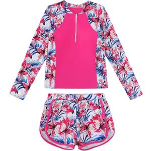Mioglrie Girls Swimsuit Teen Bathing Suits Long Sleeve Girls' Swimwear Zipper Kids 2 Piece Tankini Swim Suit for Girl