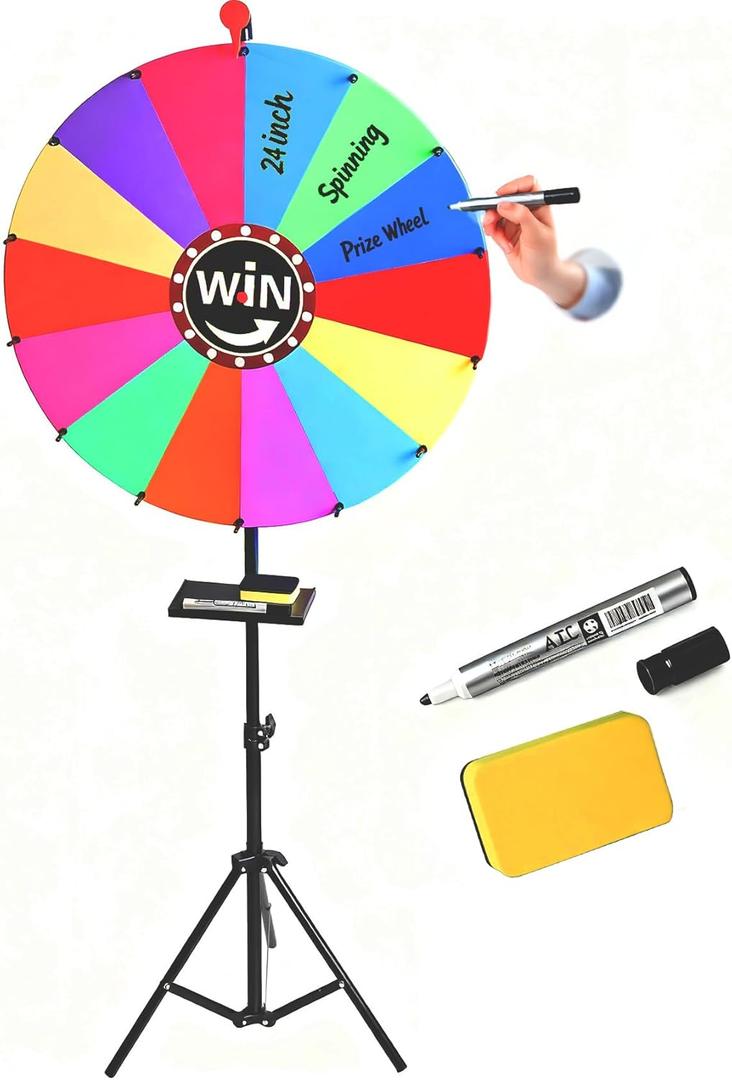 24 Inch Spinning Prize Wheel, Adjustable Game Wheel Spinner with Stand, Spin Wheel 14 Color Slots Fortune Spinner with Dry Erase Marker & Eraser for Carnival, Trade Show, Party Games