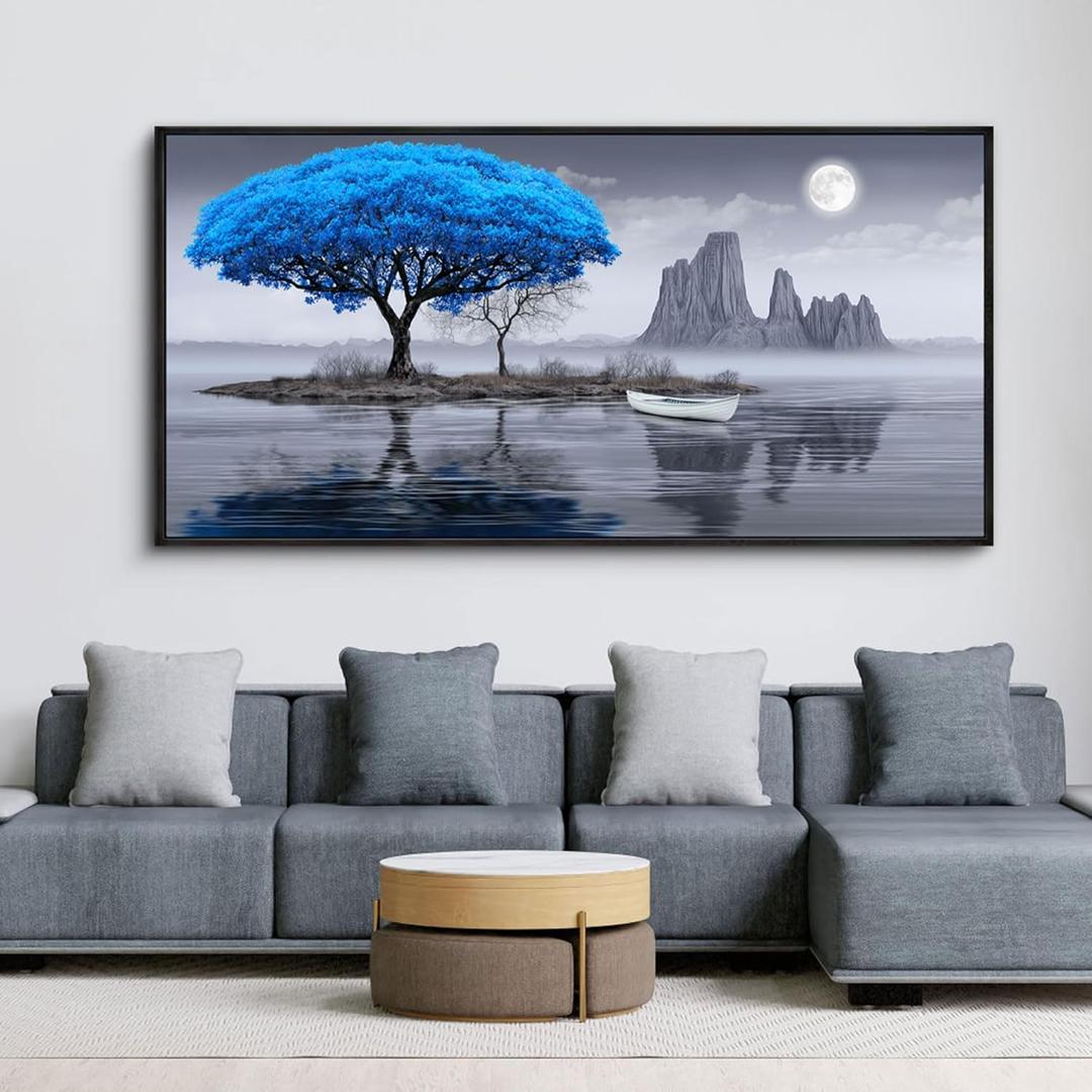 XLSJERST Wall Art for Living Room - Black and White Blue tree Moon Canvas Wall Decor for Home artwork Painting 58x29 Inches Canvas Print for Bedroom Decor Modern Salon Kitchen Office Hang a Picture