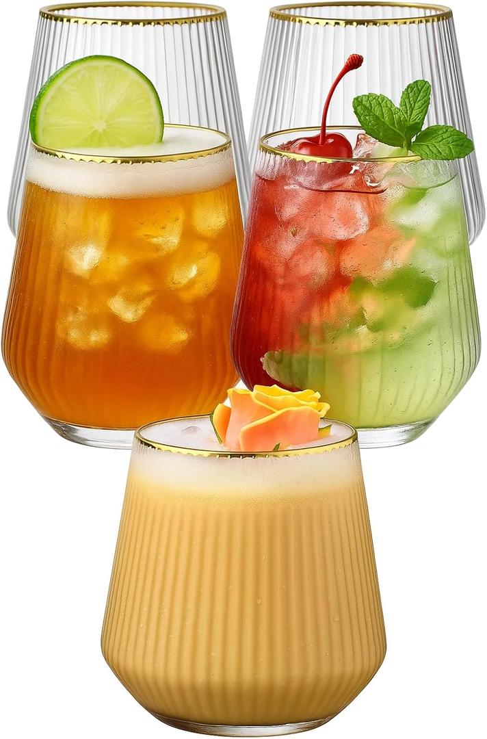 40 count 12 Ounce Ribbed Cups Origami Unbreakable Stemless Plastic Champagne Whiskey Glasses Elegant Durable Disposable Indoor Outdoor Ideal for Home, Office, Bars, Wedding, Ripple (Gold Rim)