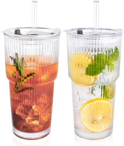 2PCS 20oz Glass Cups with Lids and Straws, Iced Coffee Cups with Lids, Stylish Ribbed Thick Drinking Glasses Tumbler for Juice, Smoothies, Cold Beverages, Cute Cup Gifts with Clean Brush