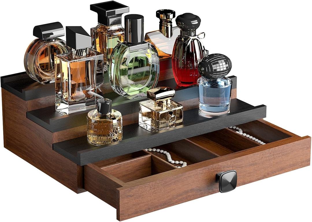 Cologne Organizer for Men: with Drawer, 3 Tier Wooden Cologne Stand Desktop Perfume Display Shelf, Bedroom Dresser Makeup Lotion Jewelry Storage Organizer