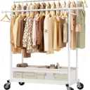 Clothes Rack 210 LBS Double Rods Extra Storage Basket | Rustproof Coated Steel, Anti-bending Design, 360 Sturdy Wheels, 10-Min Tool-Free Assembly, Metal Garment Rack for Home