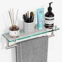 Glass Shelf for Bathroom with Towel Bar,16-Inches Brushed Nickel Floating Glass Shelf with Towel Rack Rectangular Tempered Glass Stainless Steel Glass Shelves Wall Mount Accessories