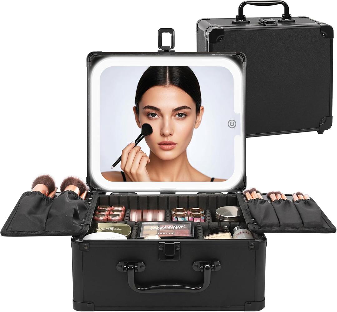 Relavel Makeup Bag with LED Mirror, Makeup Box Travel Train Case with Rechargeable Lighted Mirror & Adjustable Dividers, Cosmetic Brush Organizer Storage for Makeup Artists Gifts for Women and Girls (Small, Black)