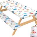 72 X 30 Inch Elastic Fitted Camping Table Cover with Bench Covers & Storage Bag, Picnic, Fits 6ft Picnic Tables, Polyester, Washable, Spill Resistant, Waterproof - White Beach