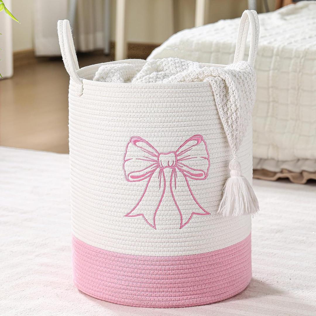 Honeydak Pink Bow Cotton Rope Laundry Basket Hamper Large Laundry Basket Hamper Coquette Bow Room Decor for Girls Girly Nursery Storage Bin Tall Round Organizer for Blanket Toys Clothes