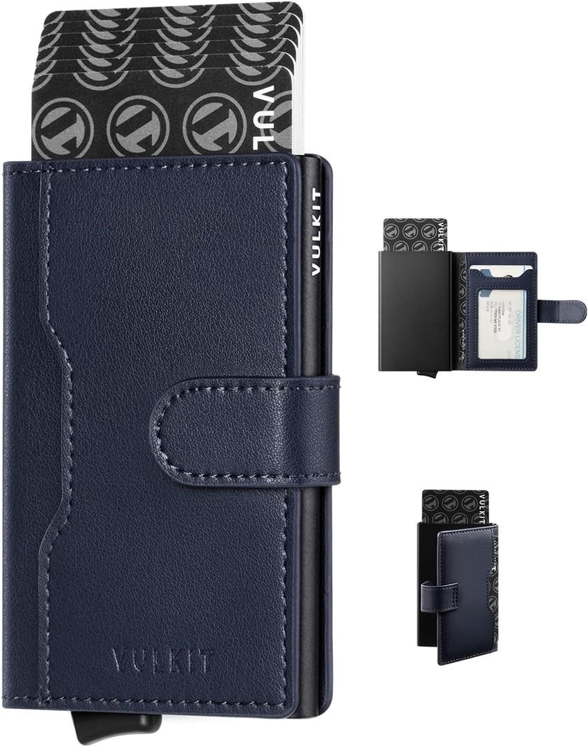 VULKIT Slim Bifold Pop up Wallet Minimalist Leather Card Holder RFID Blocking Metal Card Case with ID Window for Women | with Leather Slots, RFID Blocking, Slim, Metal Card Case (Navy)
