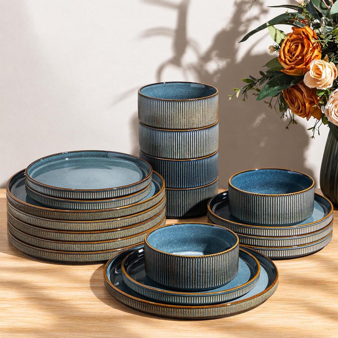 GBHOME Stoneware Dinnerware Sets for 6, 18-Piece Plates and Bowls Set, Space Blue
