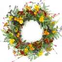 AMF0RESJ Artificial Spring Summer Wreath for Front Door Yellow Daisy Wreath with Olive Leaf,Eucalyptus Leaves for Front Door Indoor Outdoor Wall Porch Farmhouse Home Decor
