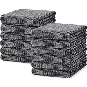 Mordimy Premium Kitchen Towels 12 Pack (18 x 28 Inches, Black), Large Cotton Kitchen Hand Towel, Flat & Terry Dish Towels for Drying Dishes, Super Absorbent Tea Dishtowels Set with Hanging Loop