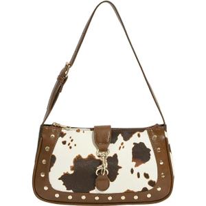 Womens Cow Print Studded Underarm Bags Zipper Buckle Shoulder Handbags Retro Cowgirls Purse (One Size, Brown)
