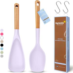 Large Silicone Cooking Spoons Set, 2 Pcs Heat Resistant Serving Spoon, Multifunction Nonstick Spatula Spoon for Mixing, Stiring, Basting, Scooping,Scraping (Lilac Dream)