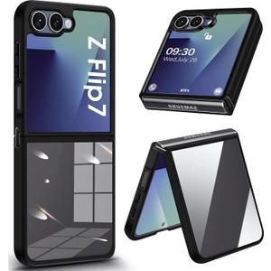 Compatible for Samsung Galaxy Z Flip 7 5G Case, Crystal Clear Slim Cover with Hinge, Hard PC Back and Soft TPU Bumper, Full Body Shockproof Protective Phone Case, Anti-Scratch Transparent Design