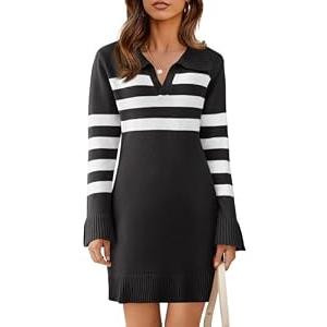 Saodimallsu Womens Striped Sweater Dress V Neck Collared Long Sleeve Slim Fit Ribbed Knit Trendy Mini Dresses Black M
