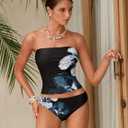 ZAFUL Women's Floral Tankini Swimsuits Bandeau Tummy Control High Cut Tankini Set Two Piece Bathing Suit (Blue, L)