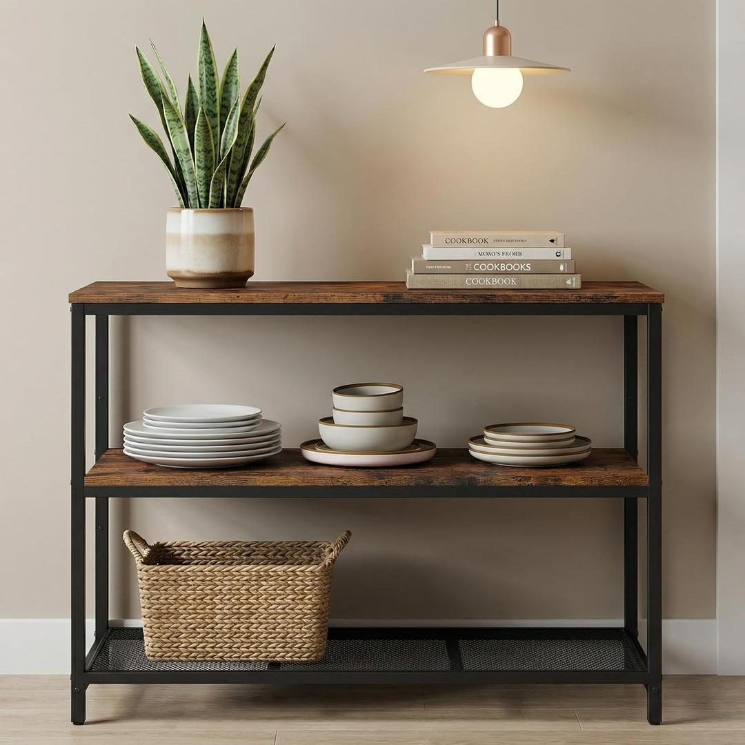 Homleke 39.4" L Kitchen Island with 3 Shelves, Kitchen Shelf with Large Workstation, Bakers Rack, Workbench, Metal Frame, Rustic Brown and Black, 39.4"L X 19.7"W X 31.5"H