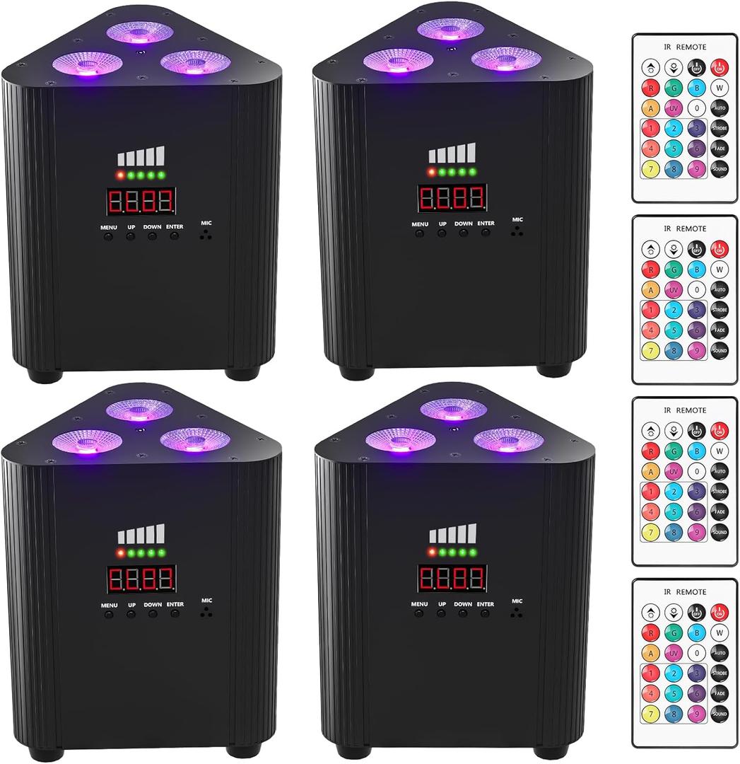 Rechargeable RGBW 4 in 1 Stage Lights, 3X6W Battery Powered LED Par Lights Uplighting, Remote DMX Sound Activated Cordless Uplights for Events, Party, Wedding, Concert, Dance, Church 4Pcs