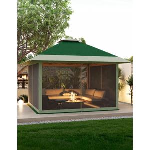 12x12 Pop Up Gazebo Instant Canopy Tent with Netting 4 Stanbags Outdoor Shelter for Lawn, Garden, Backyard, Deck (Olive Green + Taupe)