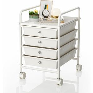 4-Tier Utility Cart with 4 Drawers, Rolling Utility Cart with 2 Lockable Caster Wheels, Multipurpose Mobile Rolling Drawer Cart for Office Bathroom Kitchen, Ivory White