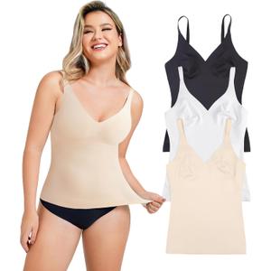 LODAY Compression Tank Tops for Women Tummy Control Shapewear Seamless Body Shaper Workout V-Neck Camisole Cami Tops (Medium, Black/Beige/White 3pk)