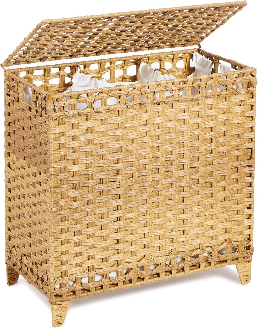Laundry Hamper with 3 Removable Liner Bags; 132L Handwoven Rattan Laundry Basket with Lid & Heightened Feet; Clothes Hamper with Side Handles; Laundry Sorter with 3 Separate Sections (Natural) (132L (25.98x13x26.57 Inches))