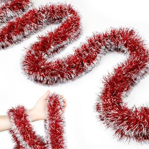 50FT Christmas Tinsel Garland Red Garland for Christmas Tree Decorations, Xmas Tinsel Garlands for Decoration Indoor Outdoor Party Supplies Holiday Decor (Red and Silver)