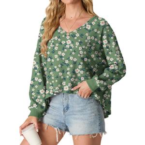 IWOLLENCE Womens Long Sleeve Shirts Oversized V Neck Tunic Tops for Women Waffle Knitted Pullover Sweater Top (Green, L)