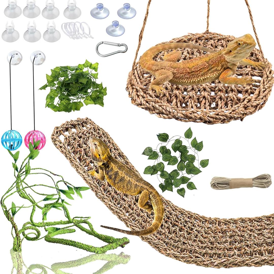HERCOCCI Bearded Dragon Tank Accessories, Reptile Hammock Natural Seagrass Fiber Habitat Decor Flexible Vines Terrarium Toys for Climbing, for Anole Bearded Dragon Lizard Gecko