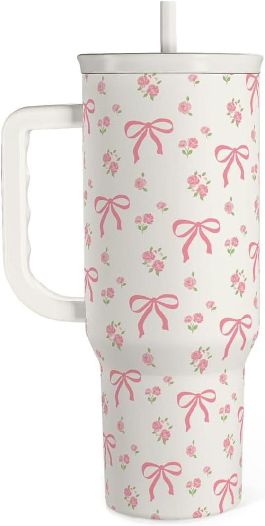 SANDJEST Bow Tumbler with Handle 40oz, Stainless Steel Insulated Tumblers Coffee Travel Cup with Slider Straw Lid, Gifts for Women Teen Girls Birthday
