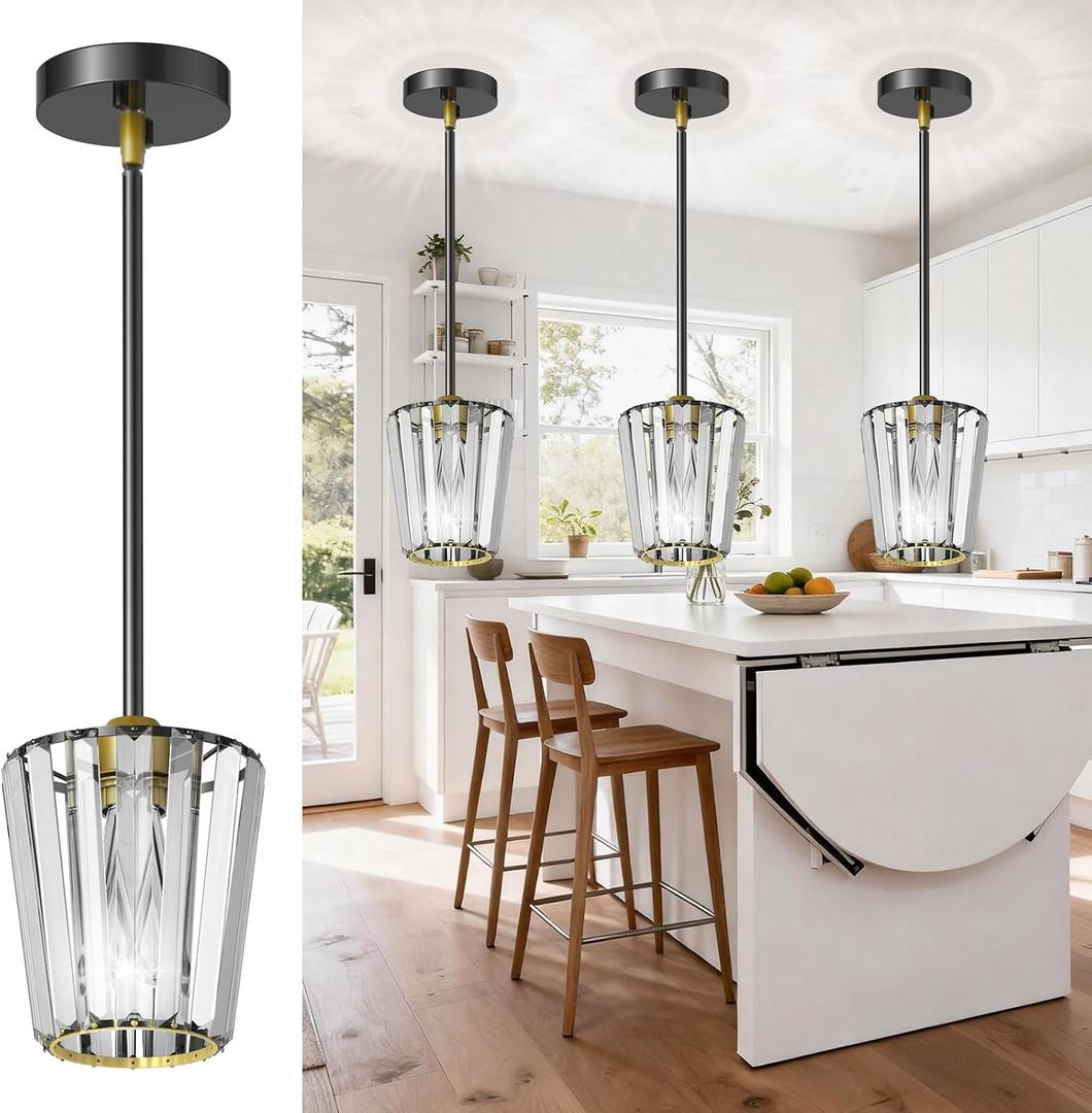3 Pack Crystal Pendant Lights Kitchen Island - Modern Black and Gold Pendant Light Mini Adjustable Hanging Pendant Lights for Kitchen Island Dining Room Foyer Hallway