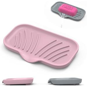 Jalopink 2 Pack Soap Holder with Drain - Self Draining Waterfall Soap Dish & Sponge Holder for Kitchen Sink Organizer, Non-Slip Dish Soap Tray for Dispenser Bottle, Gray Pink, 6x3.4 Inches