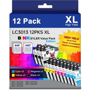 LC3013 BK/C/M/Y Ink Cartridges, High Yield Compatible for Brother LC-3013 LC3013XL LC3011 Work for MFC-J491DW MFC-J497DW MFC-J487DW MFC-J690DW MFC-J895DW Printer (3BK/3C/3M/3Y) 12 Pack