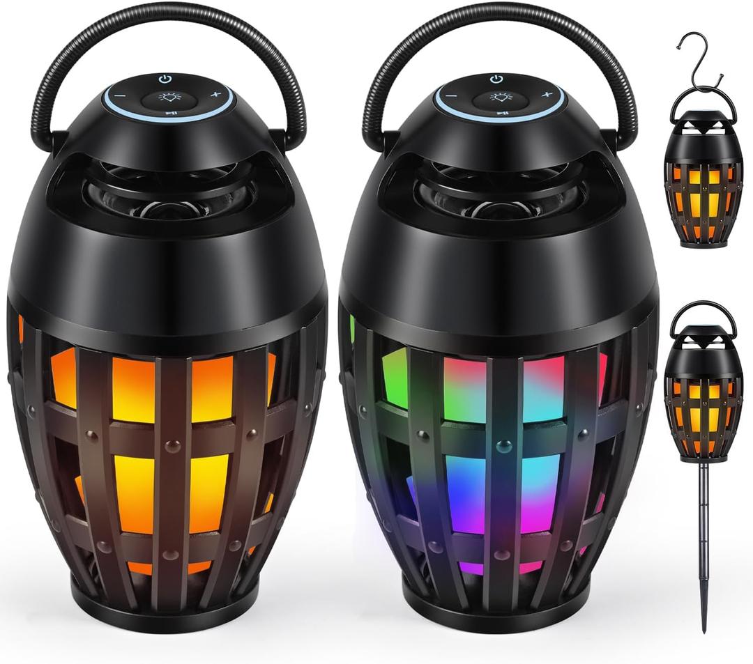 Outdoor Bluetooth Speakers with LED Flame Effect & Color Changing, IPX6 Waterproof, Bluetooth 5.3, USB Charging, Gifts for Men/Women, Torch Atmosphere Speaker for Patio/Garden/Party/Camping2 Pack