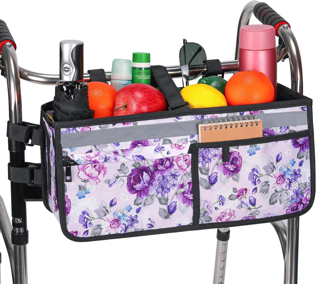 Walker Basket, Walker Accessories - Walker Tray, and Storage Bag for Folding & Rolling Walkers  Ideal for Seniors (Purple Flower)