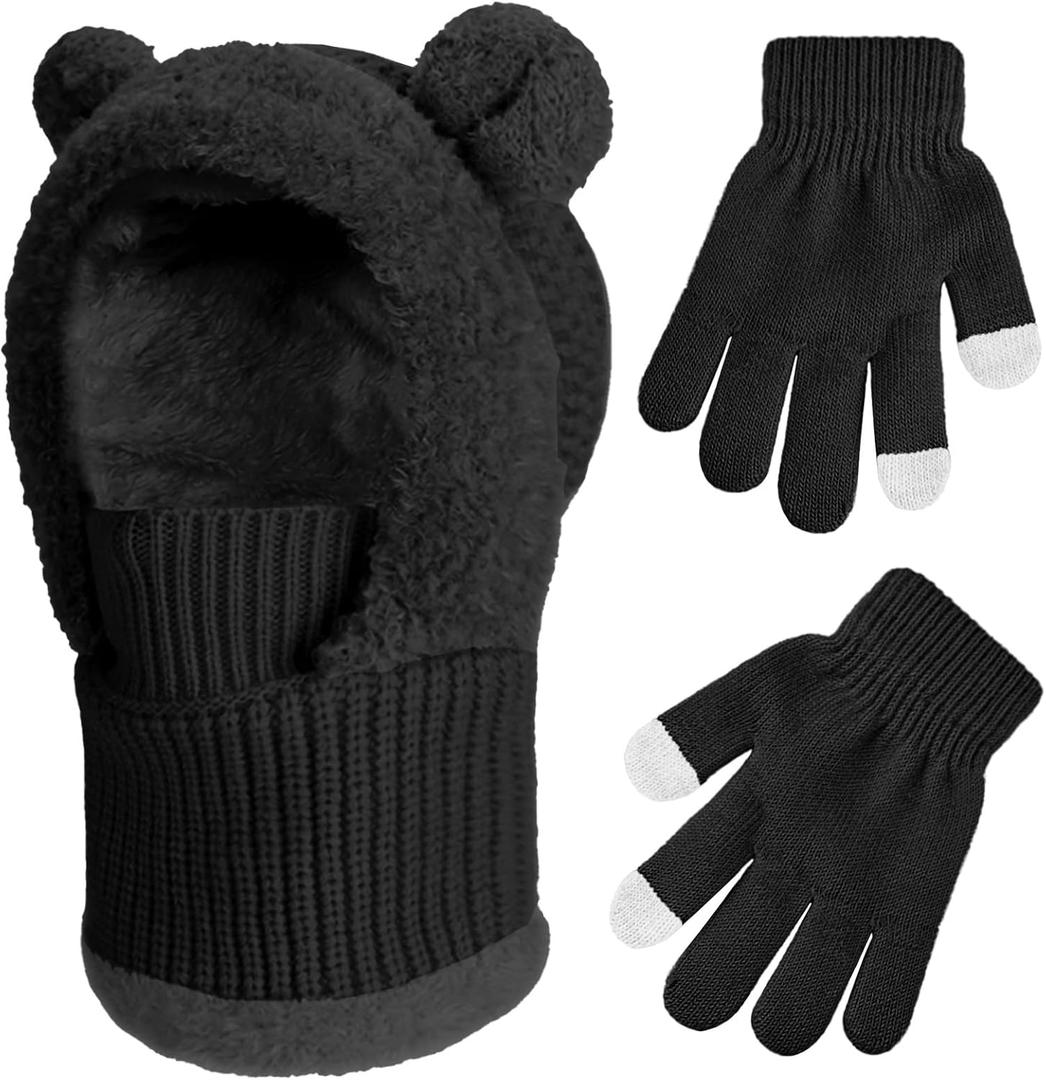 Kids Winter Balaclava Windproof Hats Gloves Set 3-in-1 Fleece Lined Hooded Scarf & Face Mask for Ages 2-8