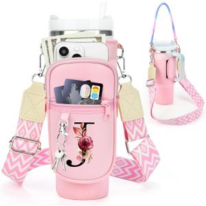 Water Bottle Holder with Strap for Stanley Cup 40 oz Tumbler with Handle, Personalized Initial Stanley Cup Accessories, Thanksgiving, Water Bottle Carrier Bag for Women & Men - Pink