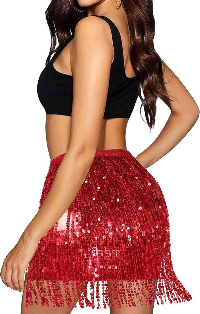 Lelike Sequin Skirt with Sparkly Fringe (14, Red)