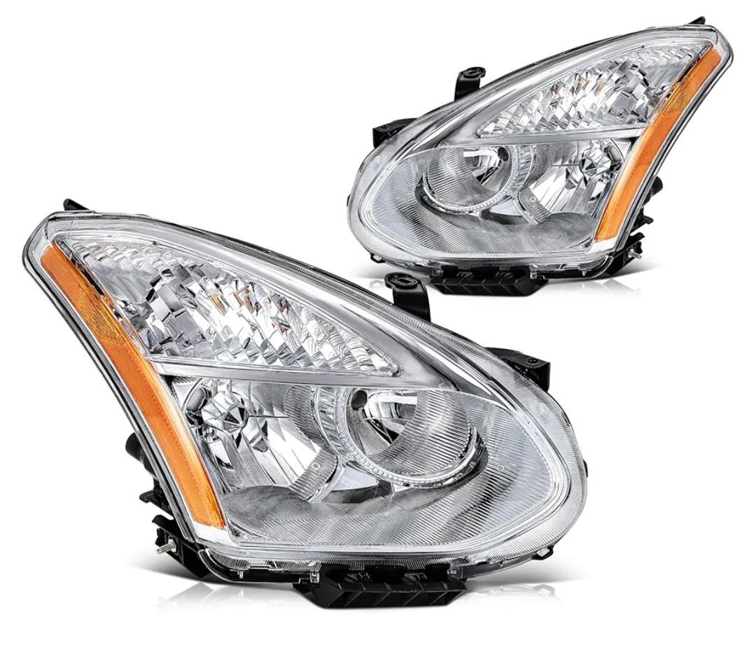 Headlights Assembly Compatible With 2008-2013 Nissan Rogue, 2014-2015 Nissan Rogue Select Chrome Housing Amber Reflector, Halogen Model Replacement head lamp assembly set
