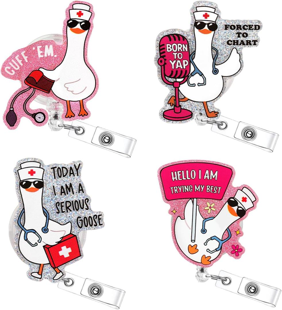 4 Pcs Nurse Badge Reel - Funny Nurse Gifts Silly Goose Badge Reels Retractable, Cute Nursing Badge Holder for Nurses Doctors Student RN LPN CNA MA Medical Worker Teacher ID Name Badge Clip Accessories