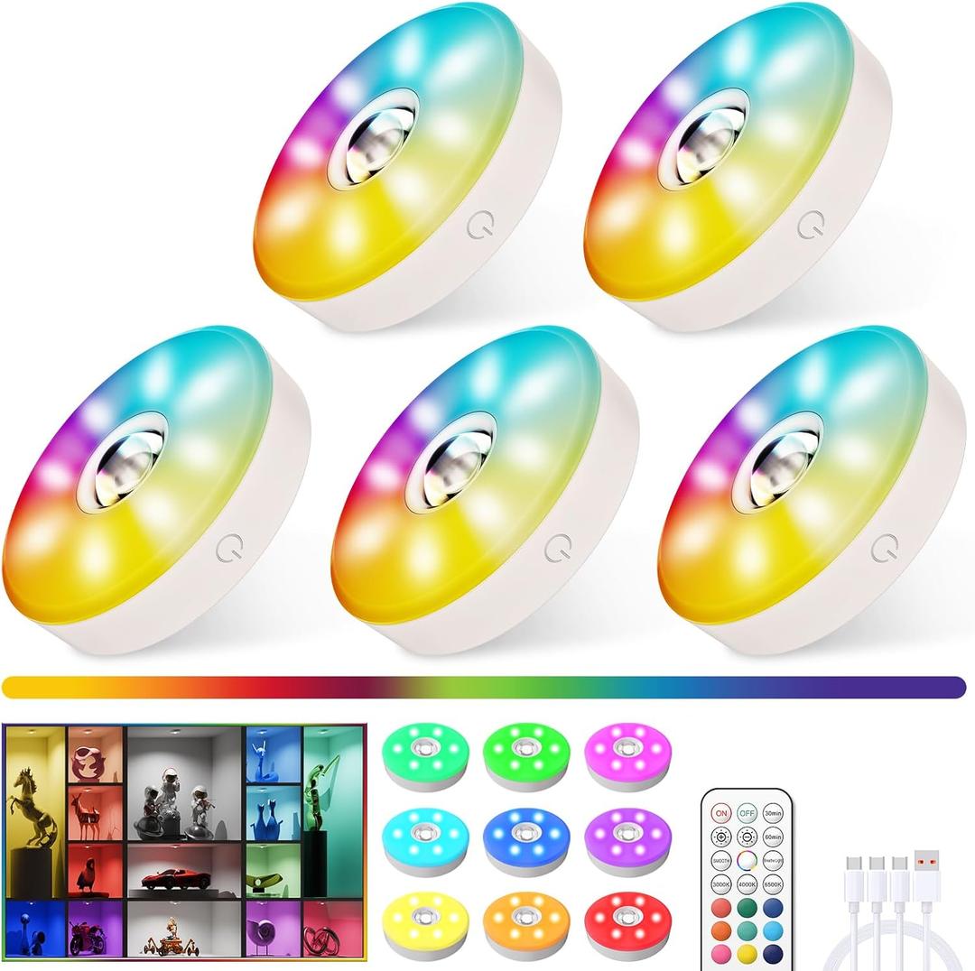 Rechargeable Puck Lights with Remote Control, 12 Color Changing Under Cabinet Lighting, Wireless RGB tv Led lights for bedroom & Closet, Dimmable Magnetic under counter lights for kitchen, Shelf,Party (White-5 PACK)