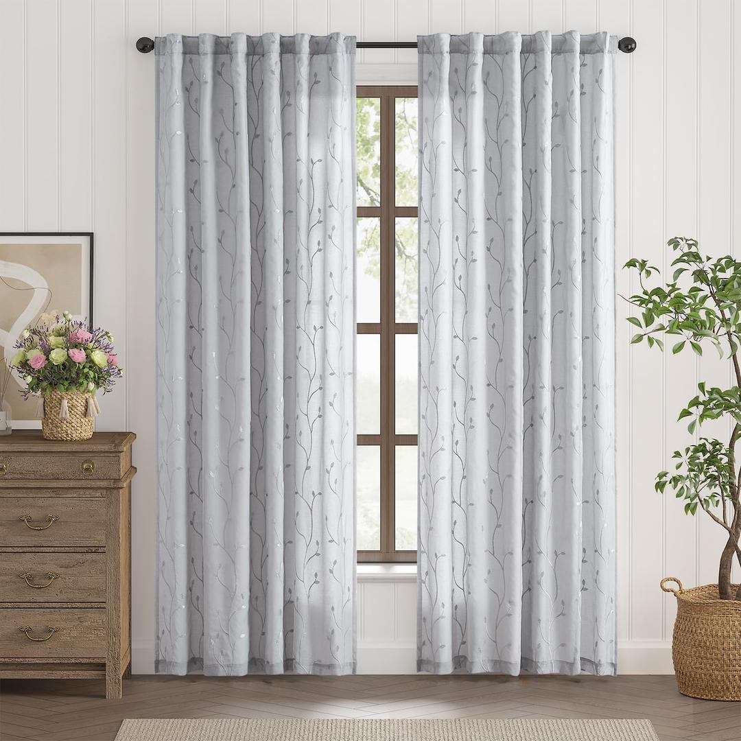 jinchan Grey Sheer Curtains for Bedroom 84 Inch Length Leaf Embroidered Semi Sheers for Living Room Botanical Embroidery Voile Transparent Grommet Window Treatments 2 Panels
