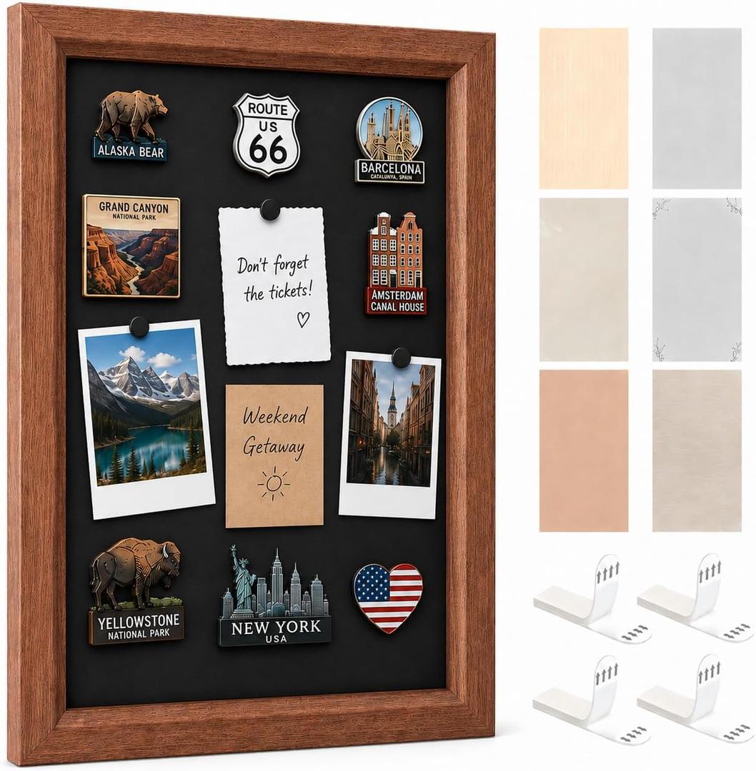 Magnet Board for Wall, 11.8 x 16.9 in Framed Magnetic Display Board for Fridge Magnets, Travel Souvenir Magnet Holder with 6 Background Papers, No-Drill Wood-Look MDF Frame Decor