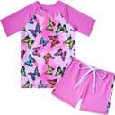 Cutemile 4-10 Years Girls 2 Piece Swimsuit UPF 50+ Rash Guard Siwmwear with Short (Butterfly Pink)